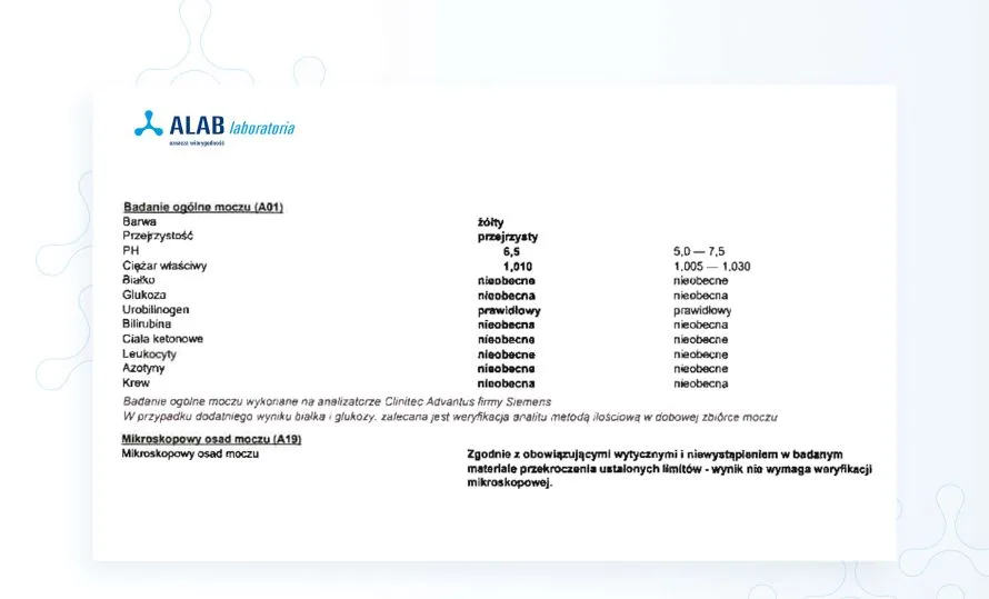 prawidłowy wynik badania ogólnego moczu, bez mikroskopowego osadu moczu alab
